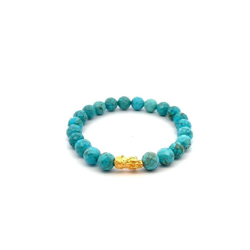 24K Gold Piyao Pixiu Lucky Charm Bracelet Gemstones Dyed Howlite 8mm S6.75"